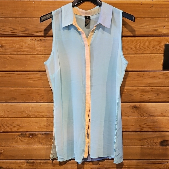 metropolis Tops - Sheer Pastel Button Up Collared Tunic/ Cover Up size 13 Large